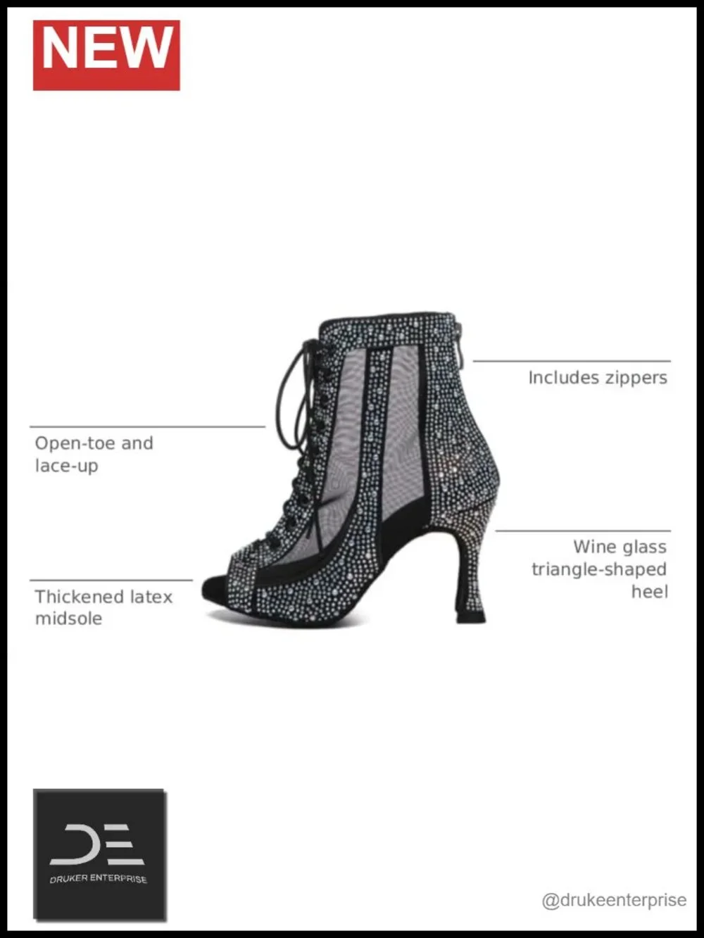 Rhinestone Latin Salsa Dance Heels Suede Sole 3 Inch Lace-Up